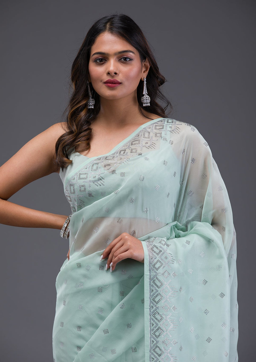 Grey Threadwork Shimmer Designer Saree-Koskii