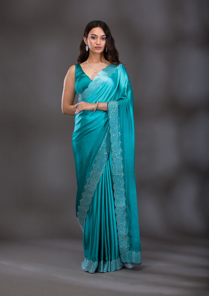 Sea Green Swarovski Satin Saree-Koskii