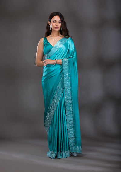 Sea Green Swarovski Satin Saree-Koskii