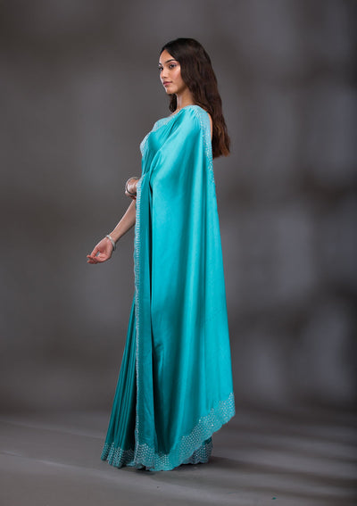 Sea Green Swarovski Satin Saree-Koskii