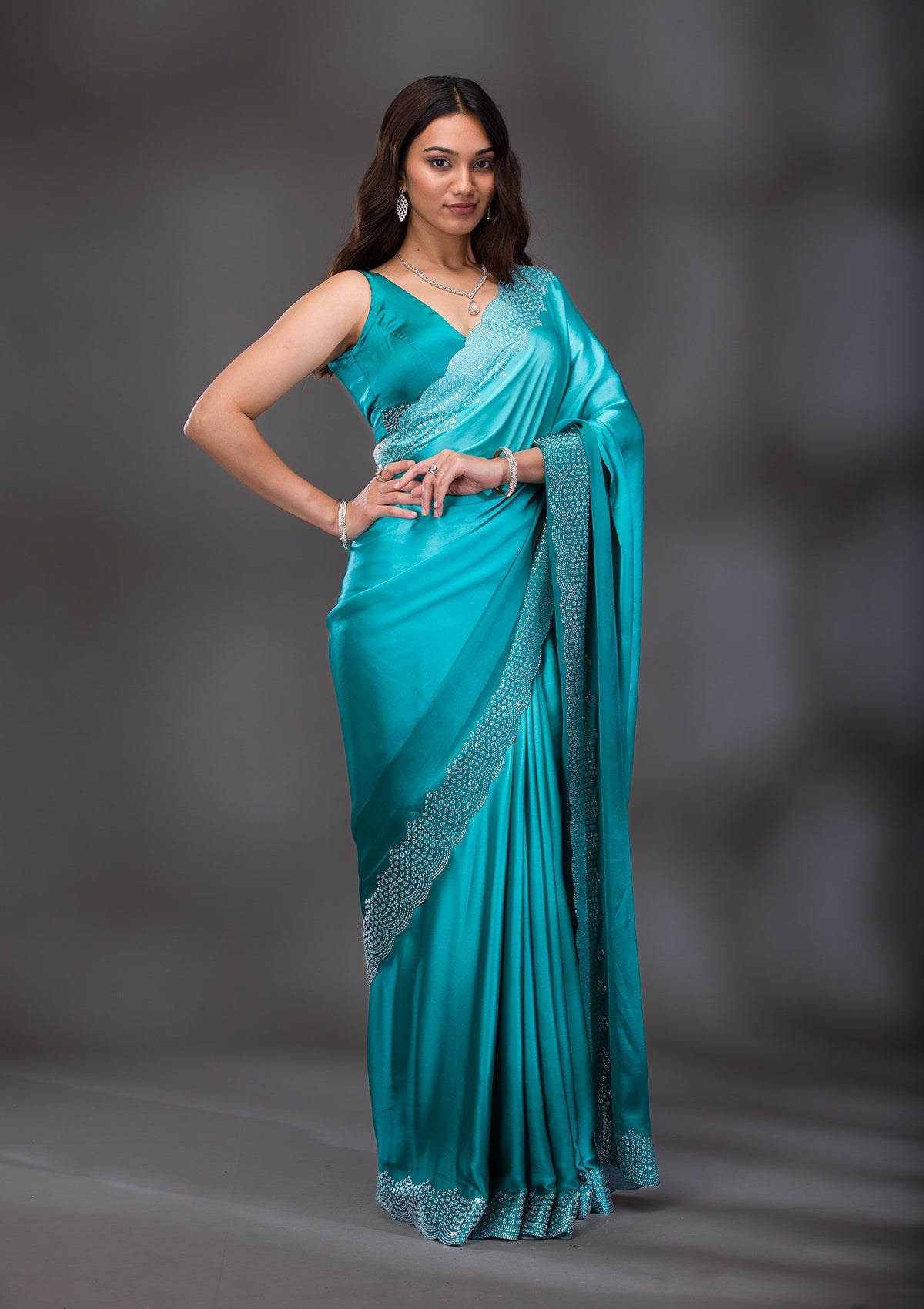 Sea Green Swarovski Satin Saree-Koskii