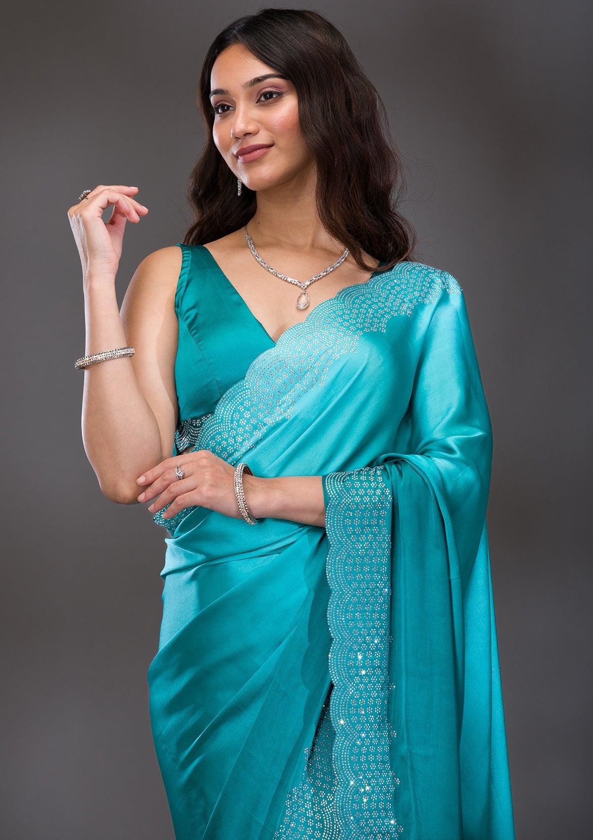 Sea Green Swarovski Satin Saree-Koskii