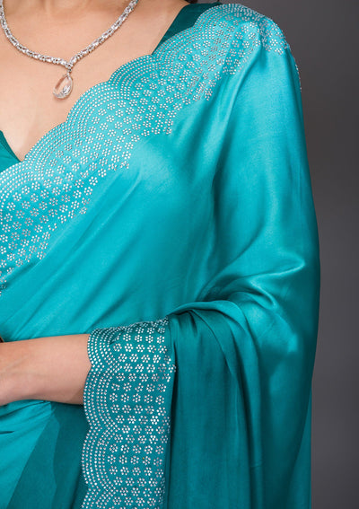 Sea Green Swarovski Satin Saree-Koskii