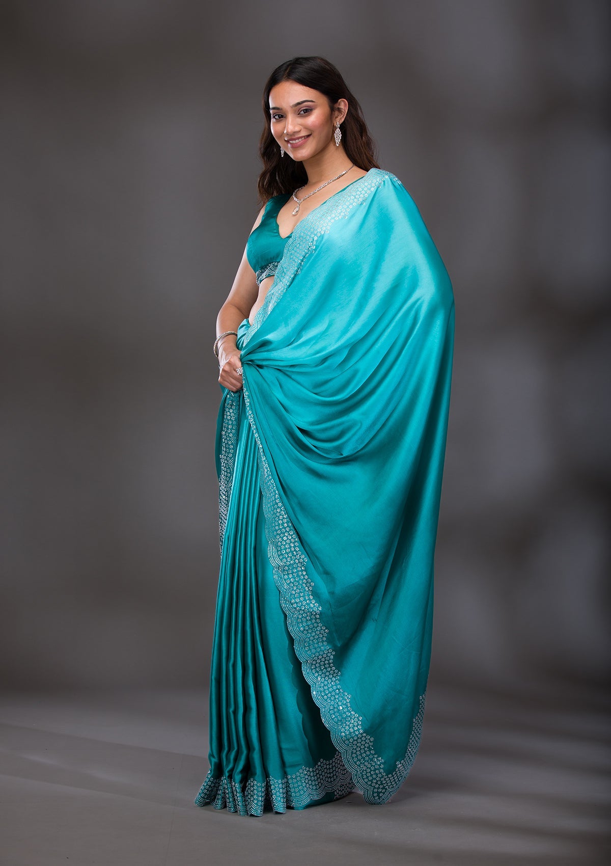 Sea Green Swarovski Satin Saree-Koskii