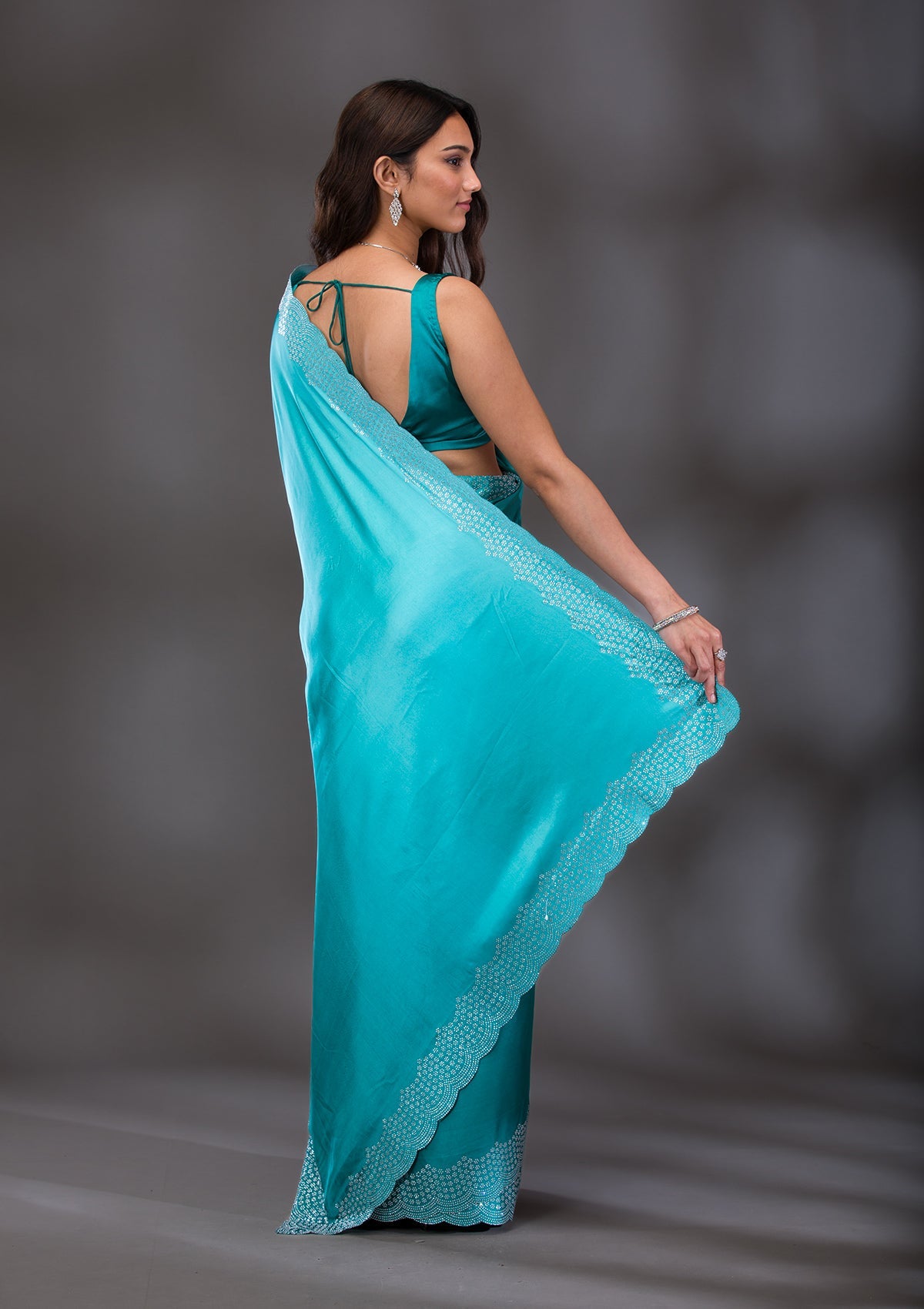 Sea Green Swarovski Satin Saree-Koskii