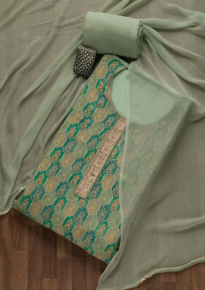 Sea Green Swarovski Semi Crepe Unstitched Salwar Suit-Koskii