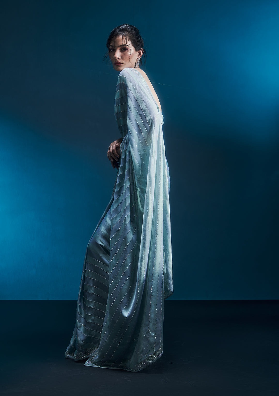 Sky Blue Swarovski Semi Crepe Saree