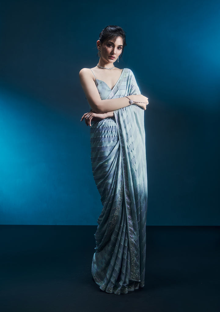 Sky Blue Swarovski Semi Crepe Saree
