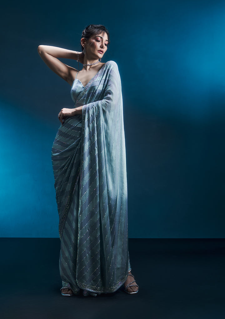 Sky Blue Swarovski Semi Crepe Saree
