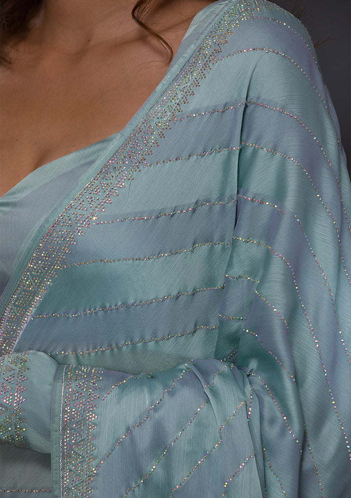 Sea Green Swarovski Semi Crepe Saree-Koskii