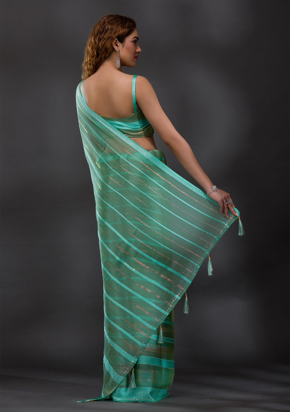 Sea Green Swarovski Shimmer Georgette Saree-Koskii