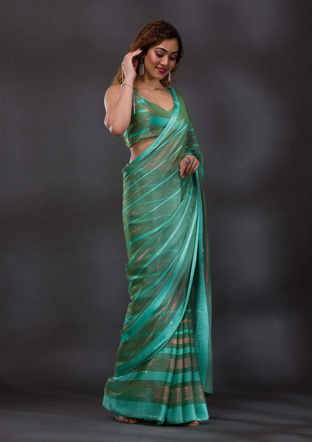 Sea Green Swarovski Shimmer Georgette Saree-Koskii