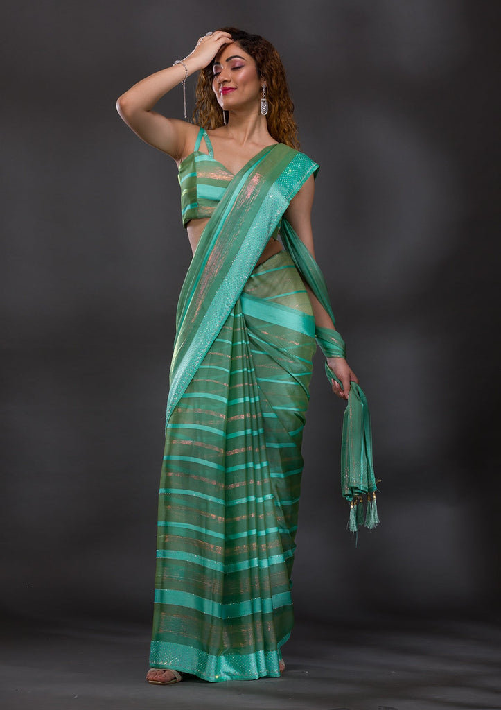 Embroidered Border Georgette Shimmer Saree in Fawn : SUF10405