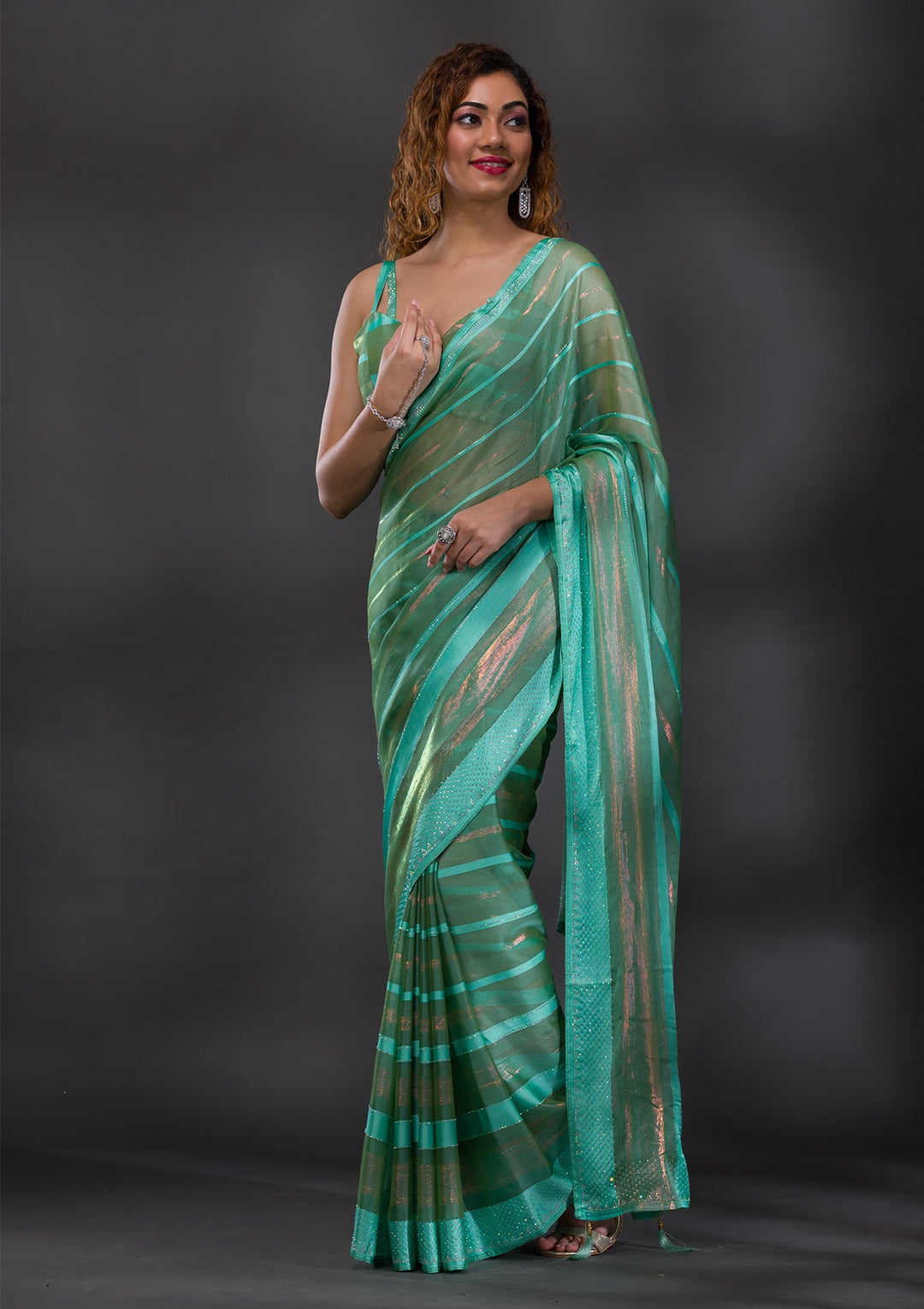 Sea Green Swarovski Shimmer Georgette Saree-Koskii