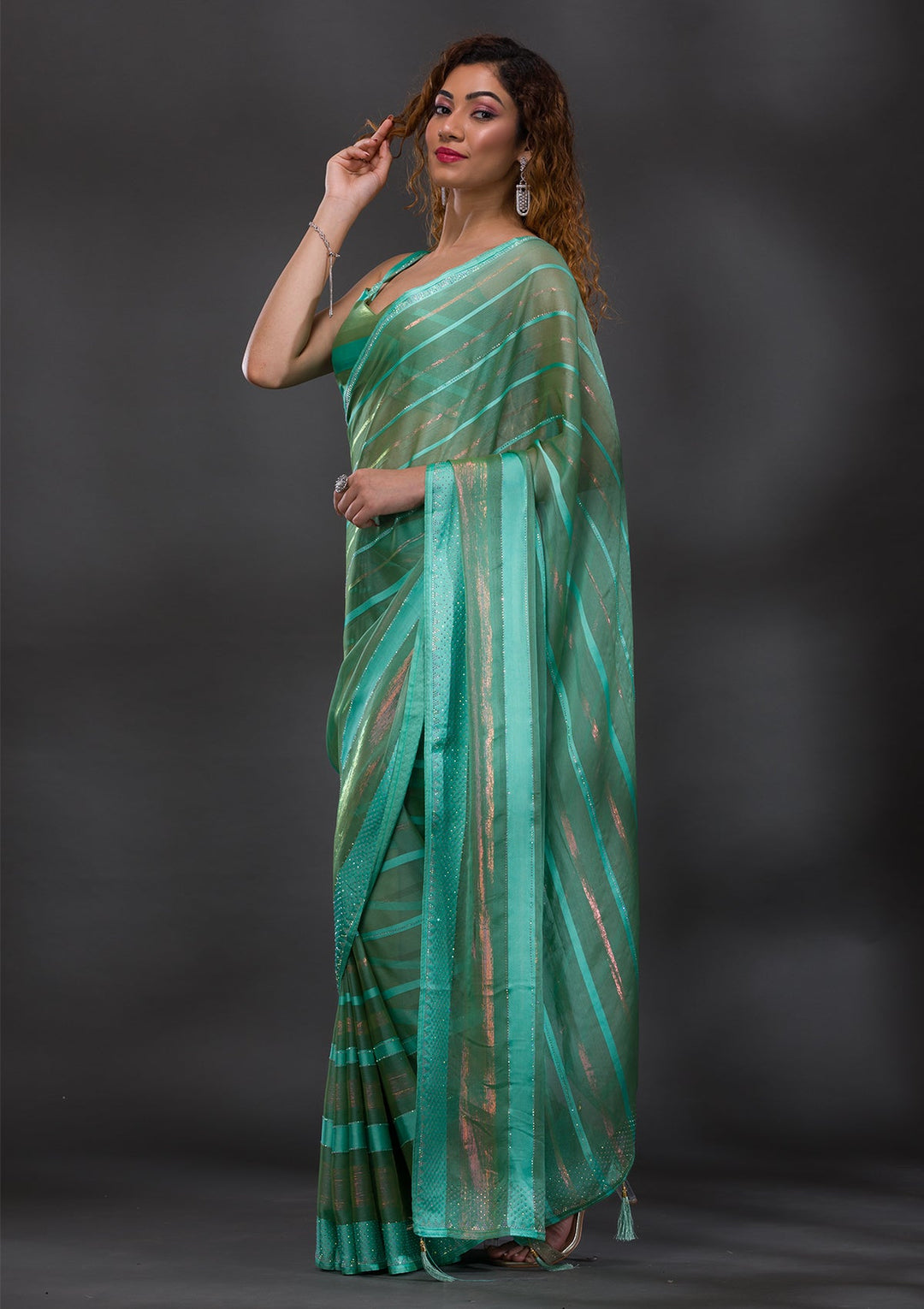 Sea Green Swarovski Shimmer Georgette Saree-Koskii