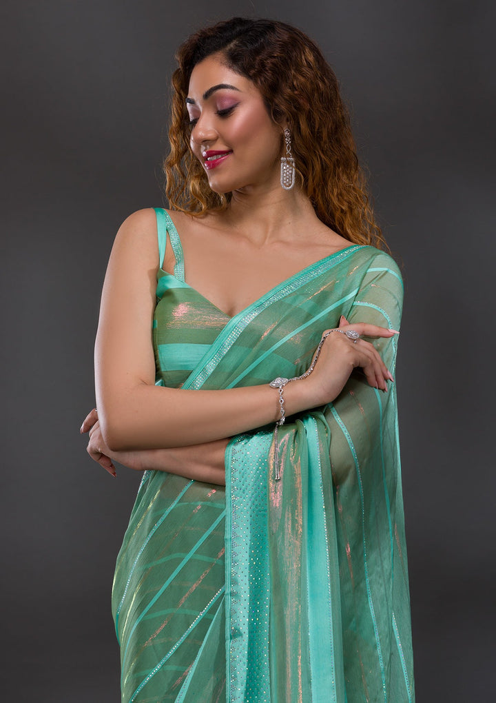 Sea Green Swarovski Shimmer Georgette Saree-Koskii