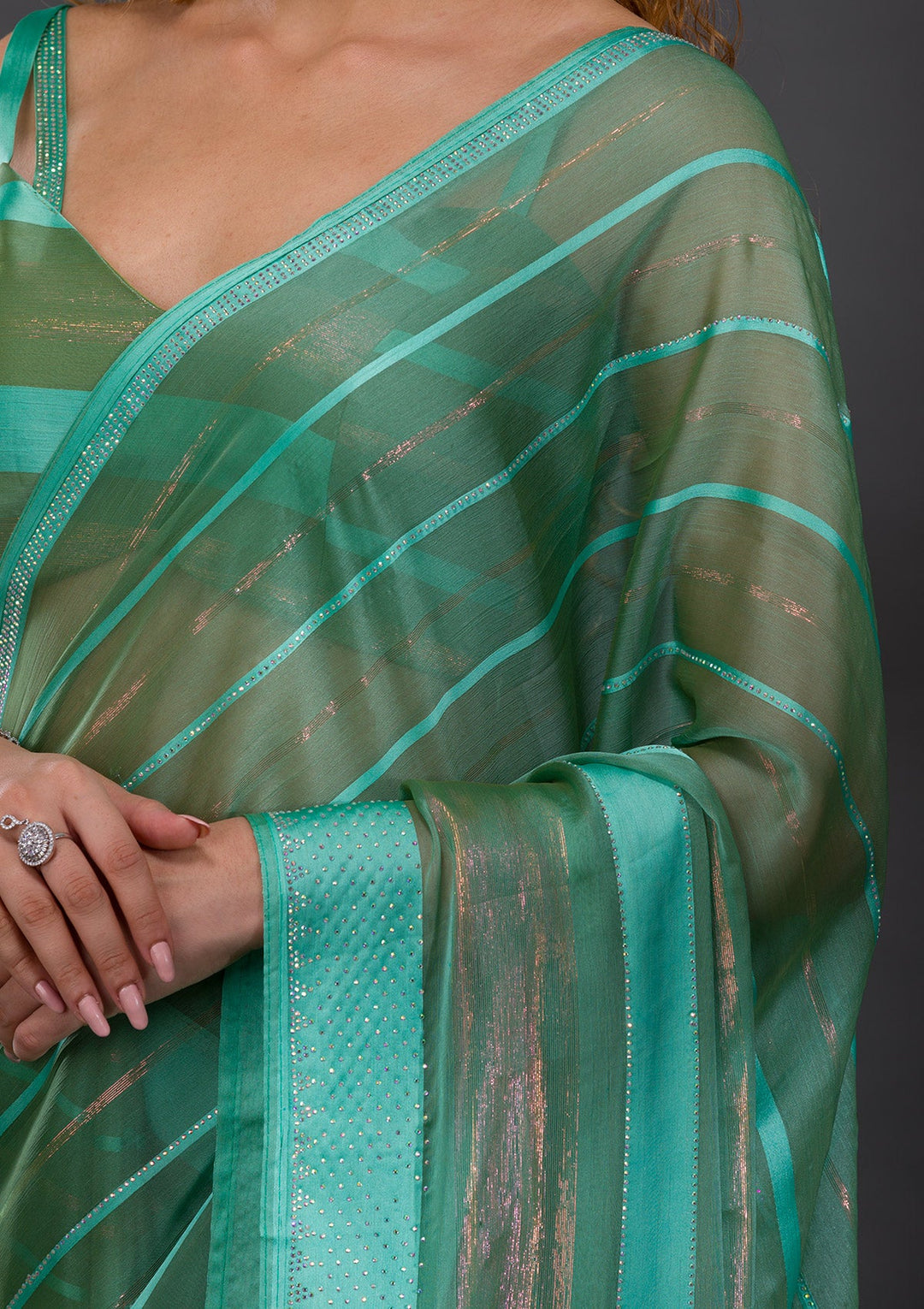 Sea Green Swarovski Shimmer Georgette Saree-Koskii