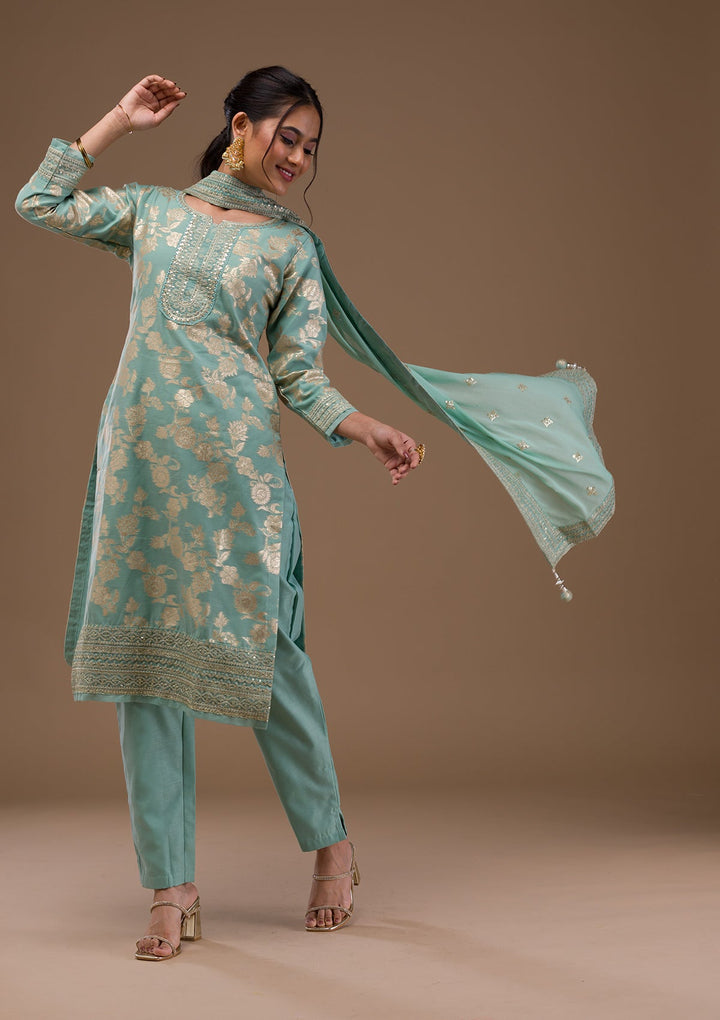 Sea Green Threadwork Banasari Readymade Salwar Suit-Koskii