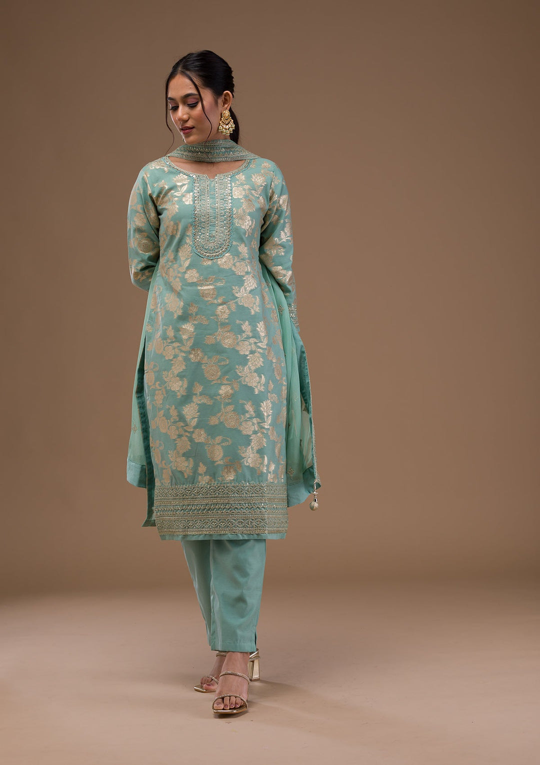 Sea Green Threadwork Banasari Readymade Salwar Suit-Koskii