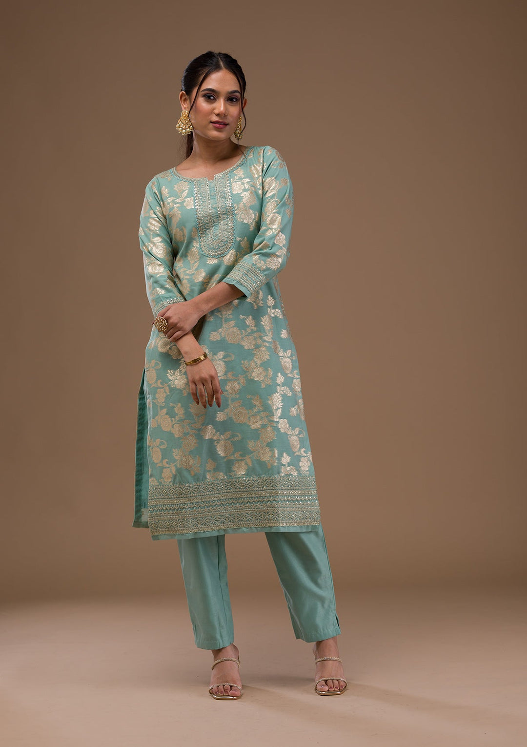 Sea Green Threadwork Banasari Readymade Salwar Suit-Koskii