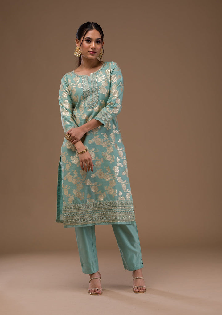 Sea Green Threadwork Banasari Readymade Salwar Suit-Koskii