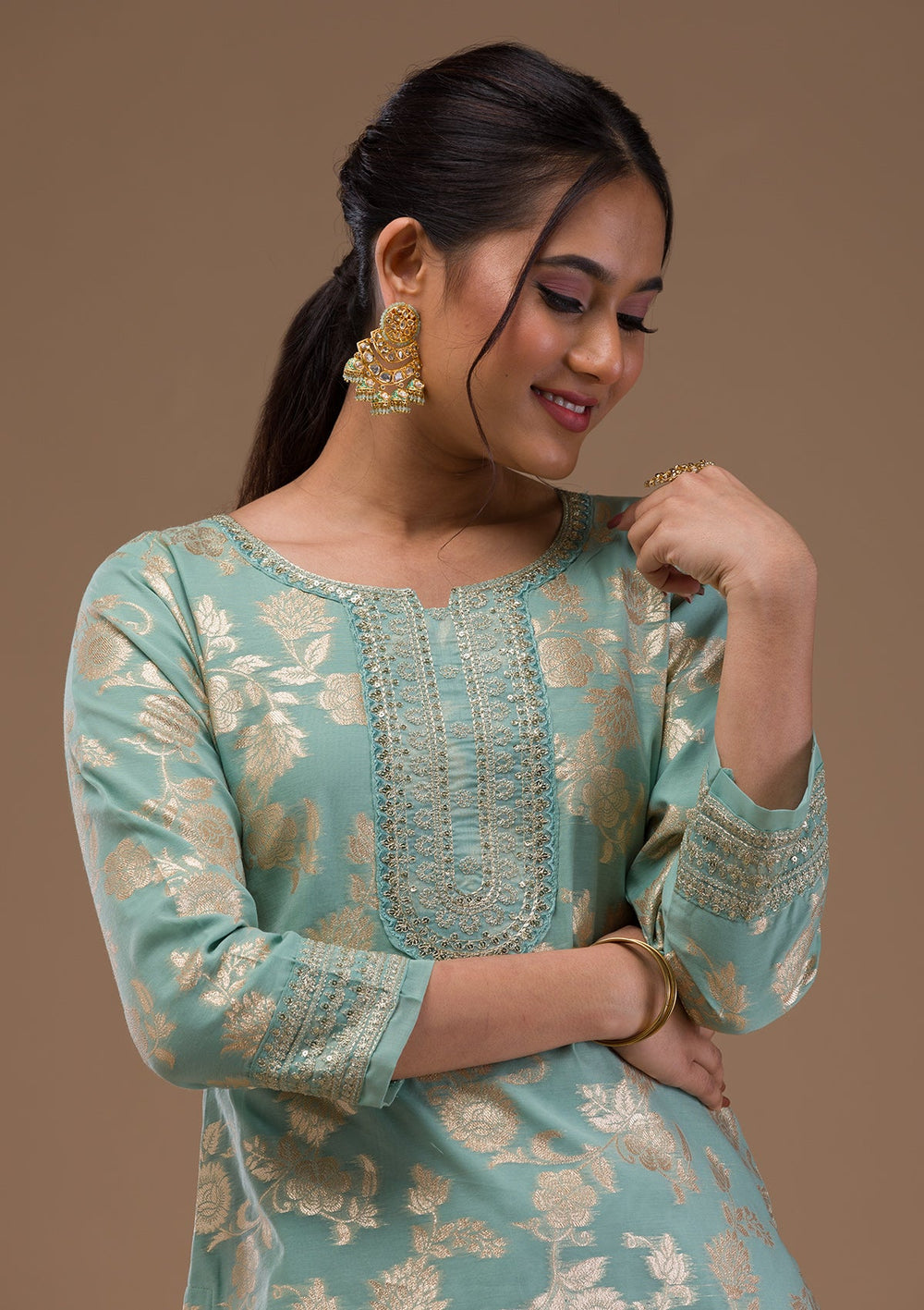 Sea Green Threadwork Banasari Readymade Salwar Suit-Koskii