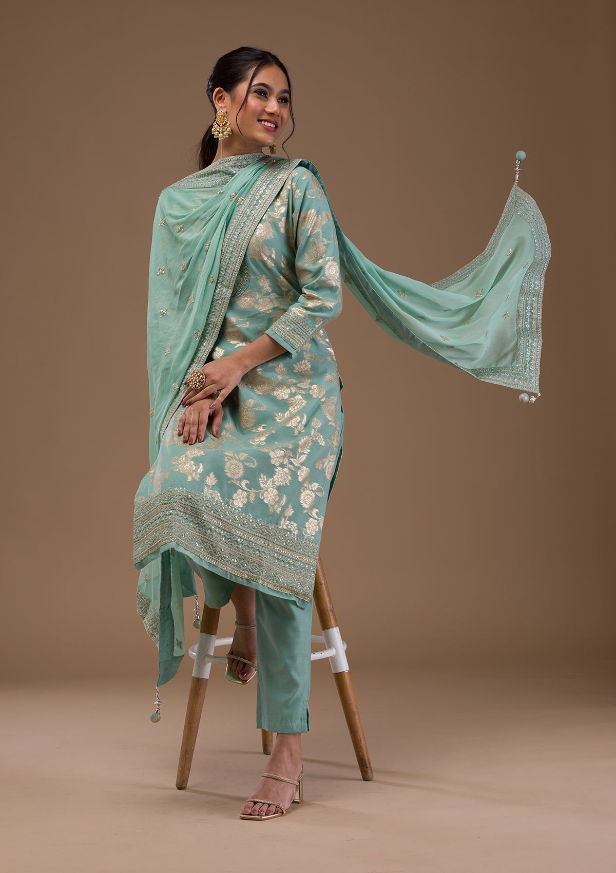 Sea Green Threadwork Banasari Readymade Salwar Suit-Koskii