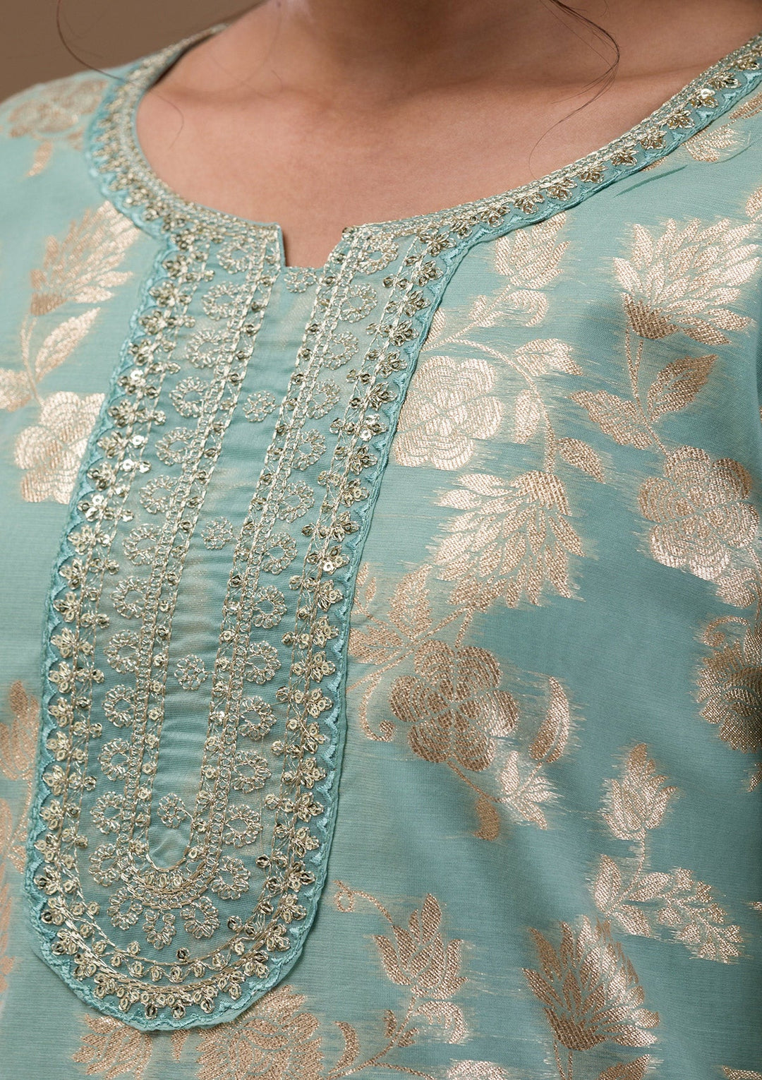 Sea Green Threadwork Banasari Readymade Salwar Suit-Koskii