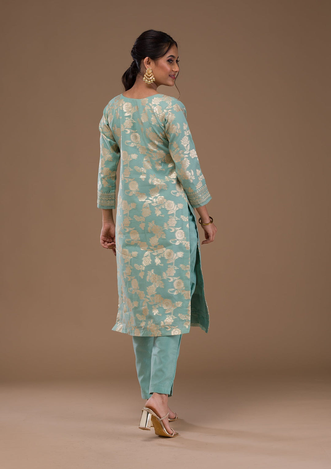 Sea Green Threadwork Banasari Readymade Salwar Suit-Koskii