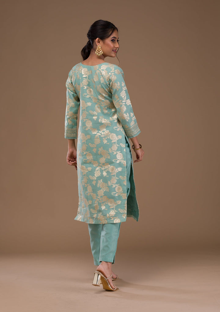 Sea Green Threadwork Banasari Readymade Salwar Suit-Koskii