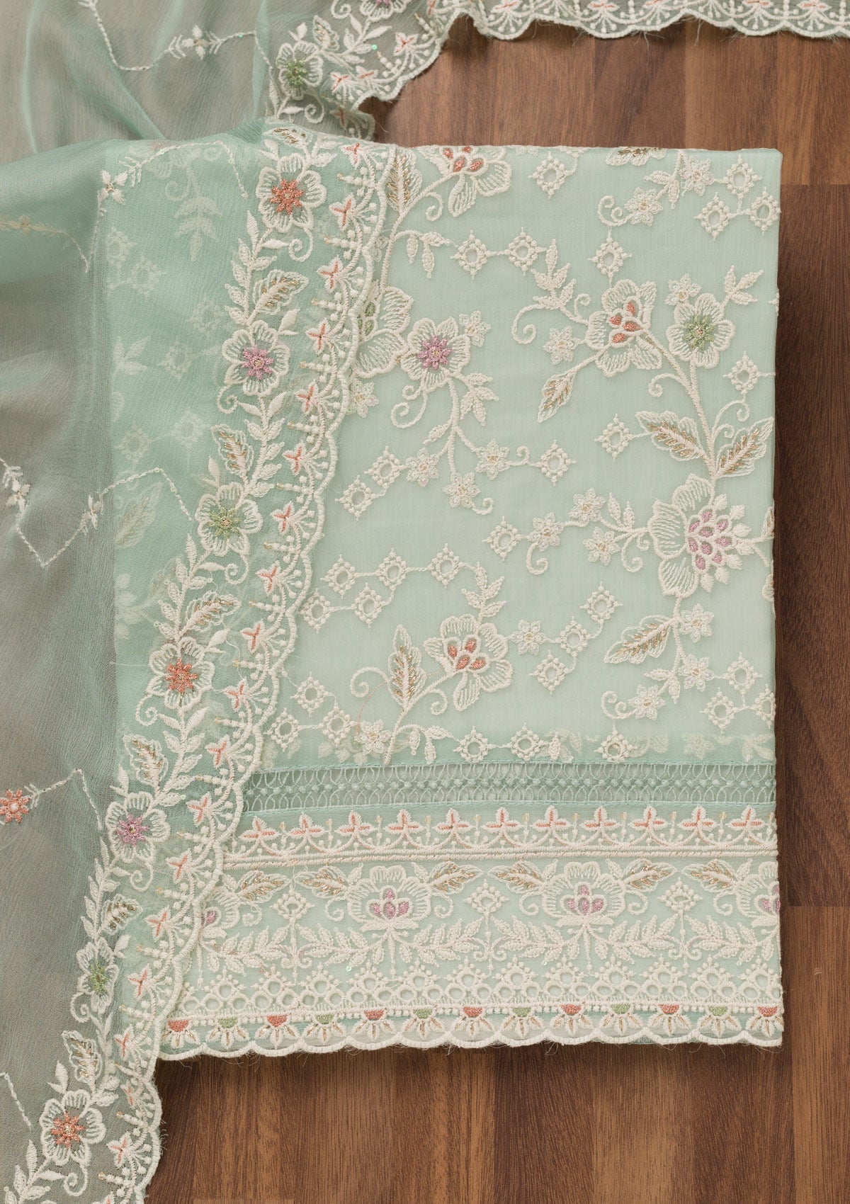 Sea Green Threadwork Chiffon Unstitched Salwar Suit-Koskii