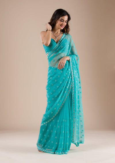 Sea Green Threadwork Chiffon Saree-Koskii