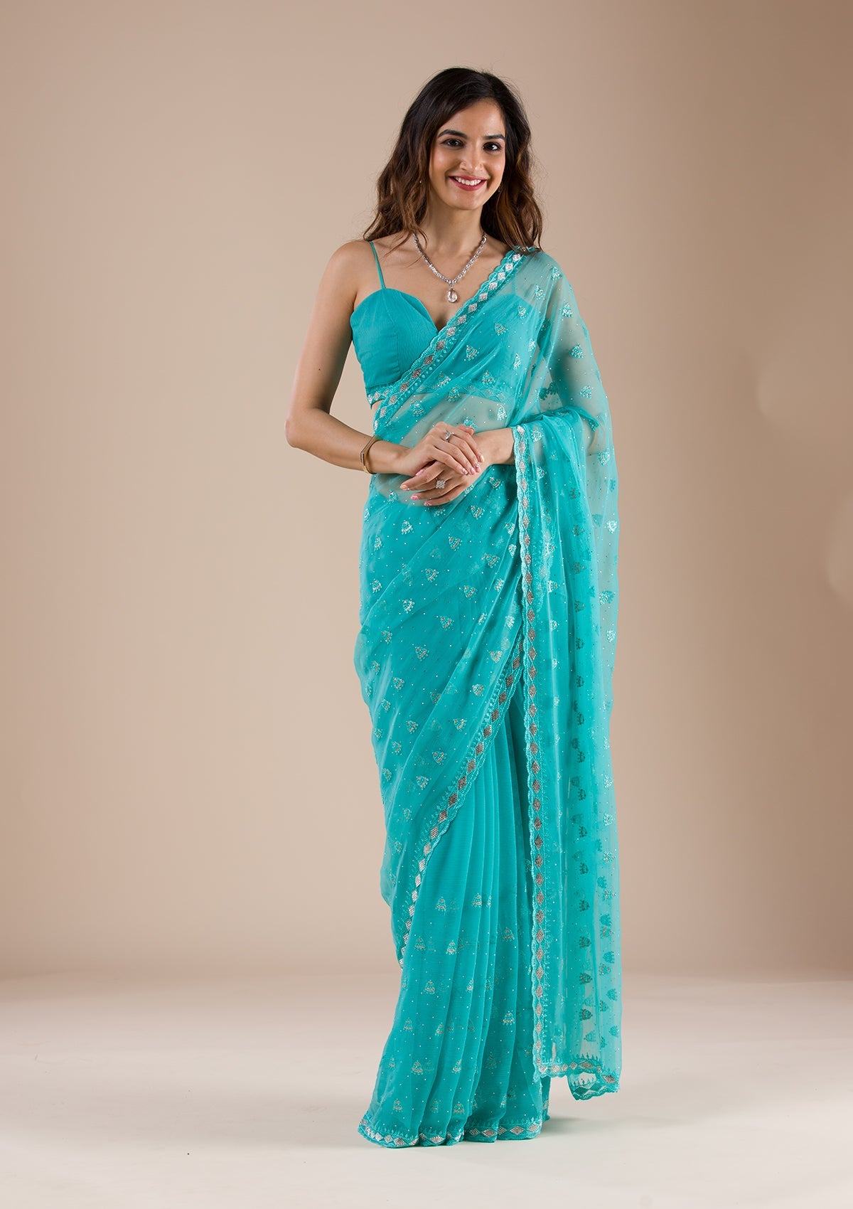 Sea Green Threadwork Chiffon Saree-Koskii