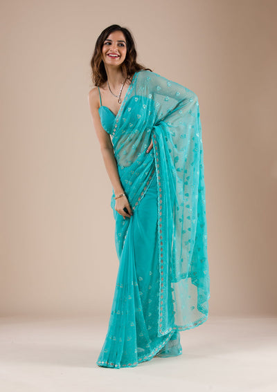 Sea Green Threadwork Chiffon Saree-Koskii