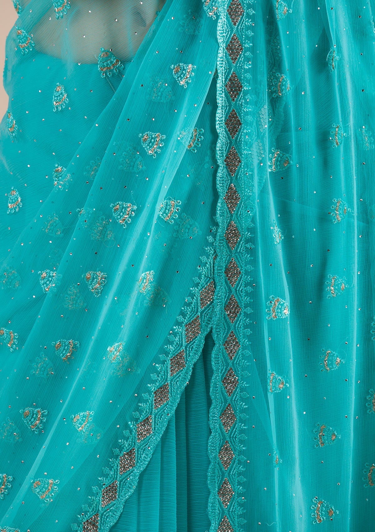 Sea Green Threadwork Chiffon Saree-Koskii