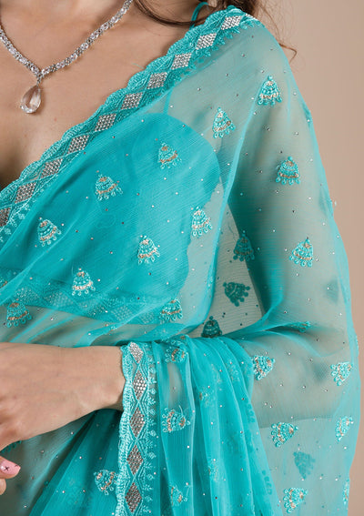 Sea Green Threadwork Chiffon Saree-Koskii