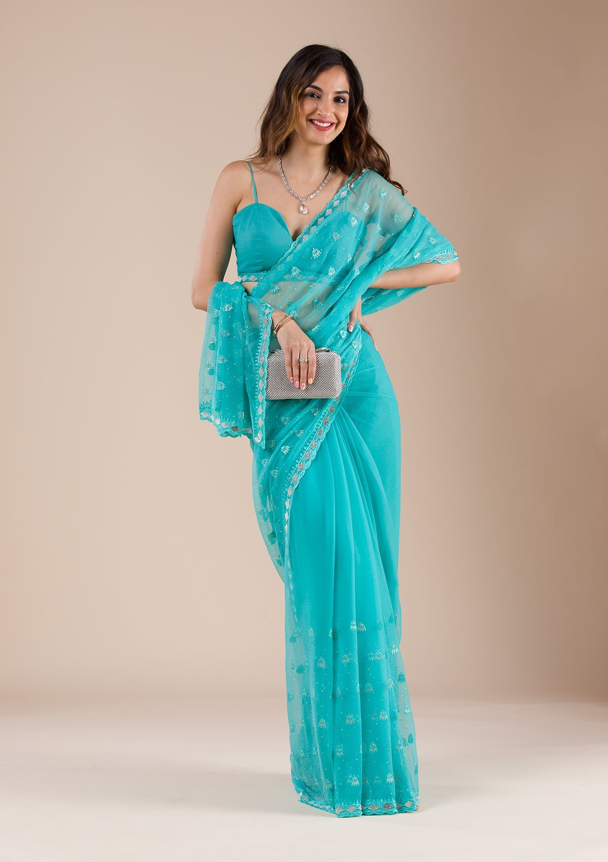 Sea Green Threadwork Chiffon Saree-Koskii