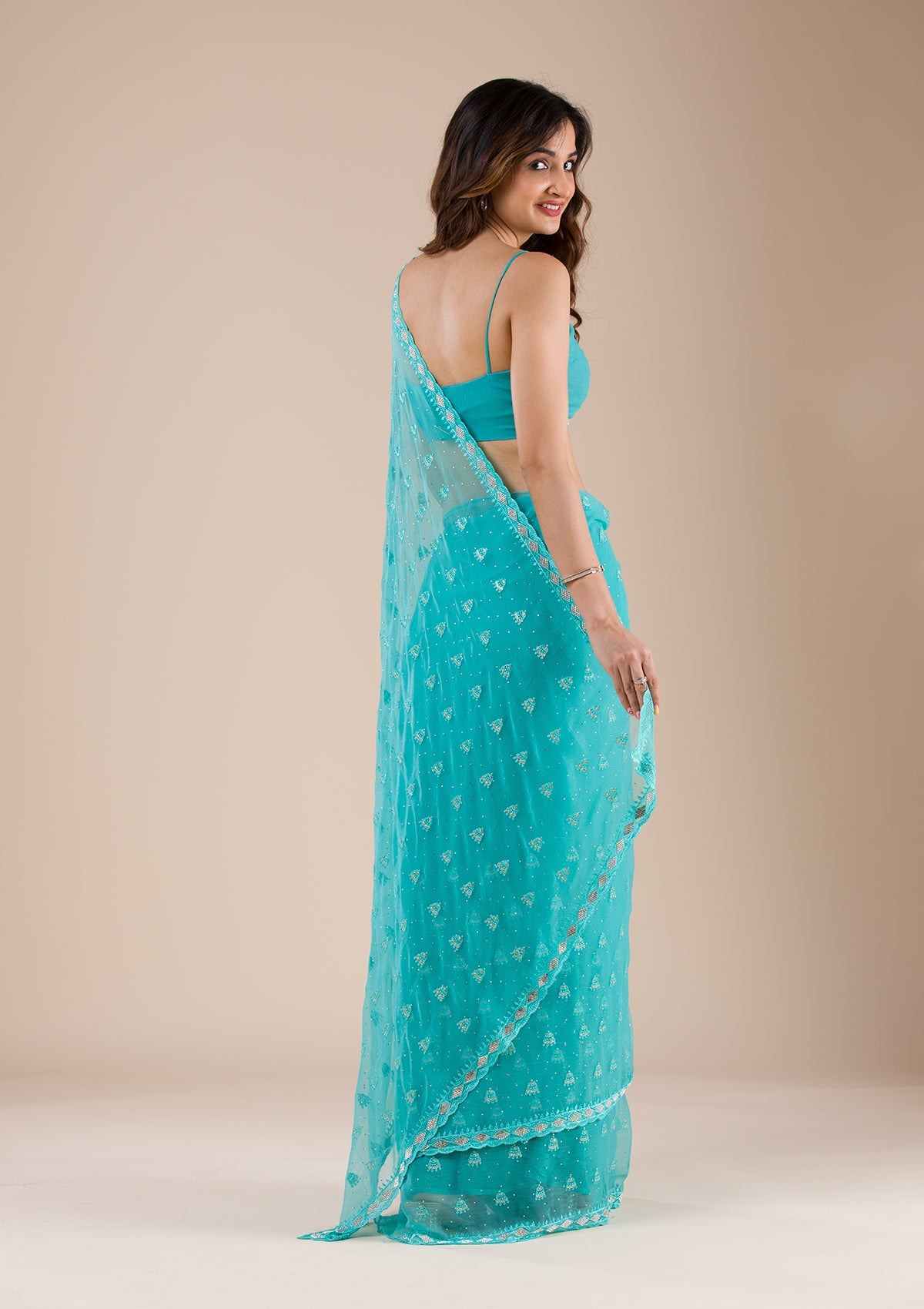 Sea Green Threadwork Chiffon Saree-Koskii