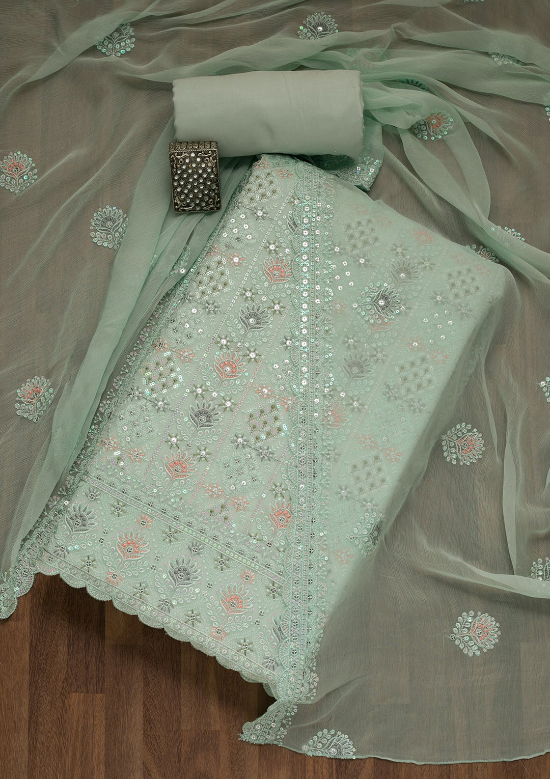 Sea Green Threadwork Georgette Unstitched Salwar Kameez-Koskii