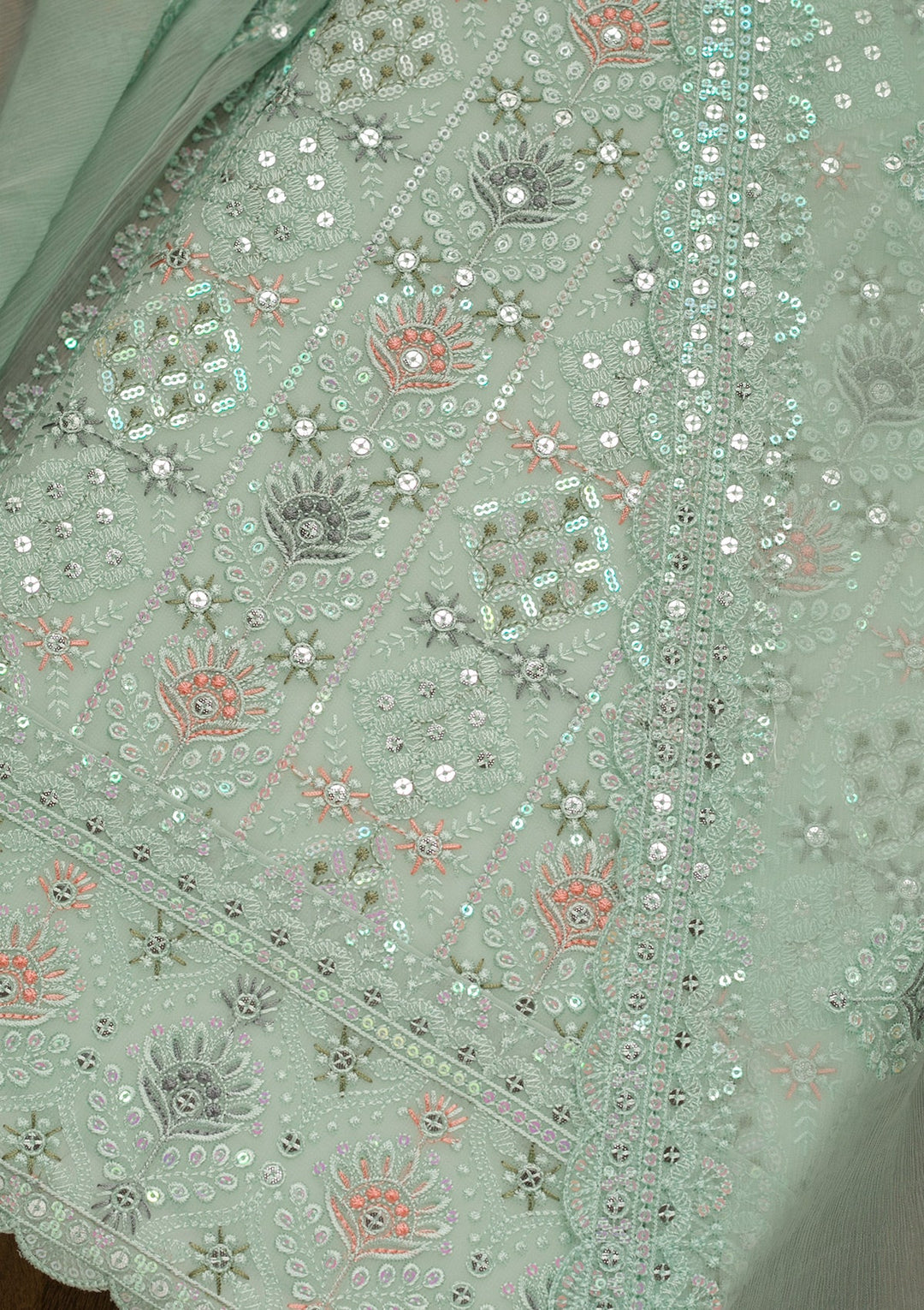Sea Green Threadwork Georgette Unstitched Salwar Kameez-Koskii