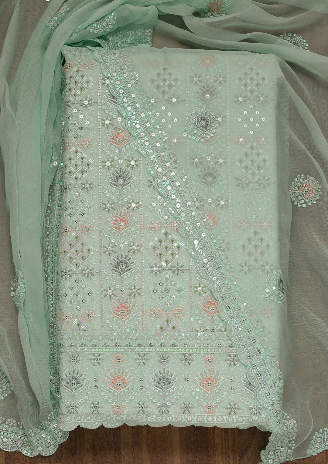 Sea Green Threadwork Georgette Unstitched Salwar Kameez-Koskii