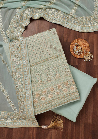 Sea Green Threadwork Georgette Unstitched Salwar Suit-Koskii