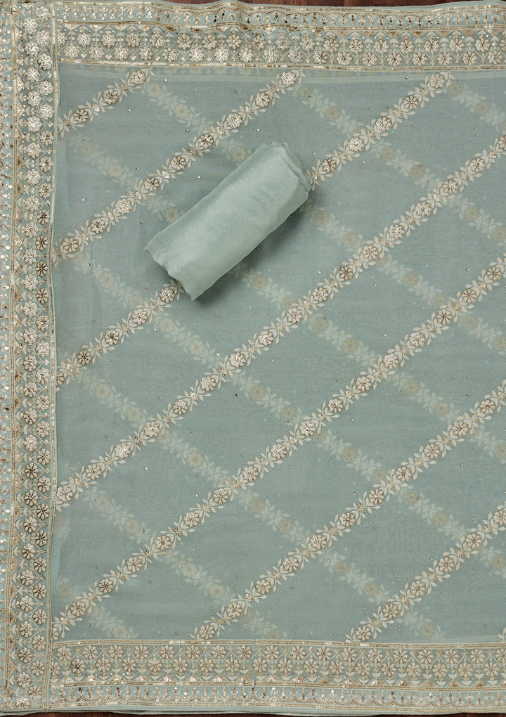 Sea Green Threadwork Georgette Unstitched Salwar Suit-Koskii