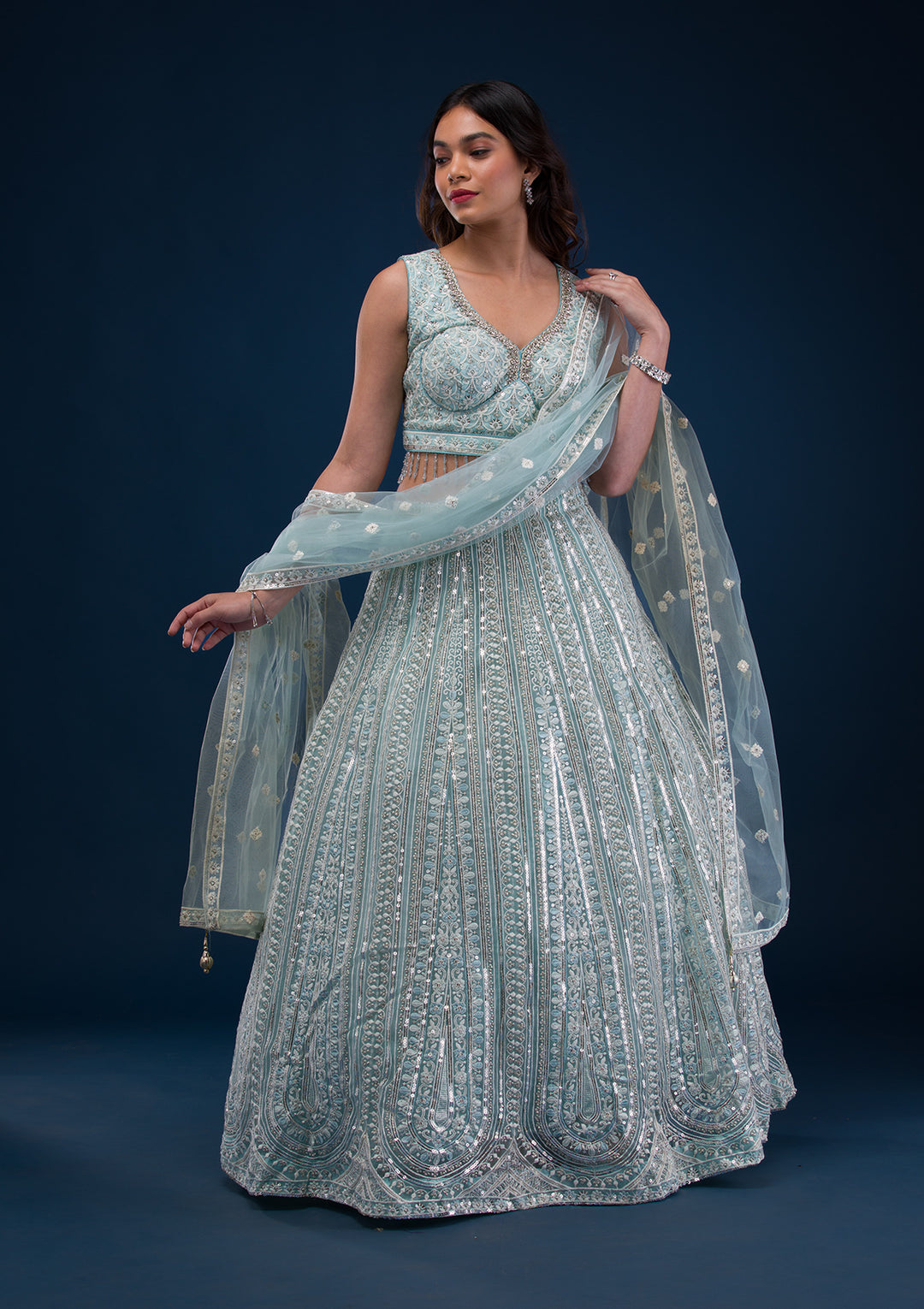 Sea Green Cutdana Net Readymade Lehenga