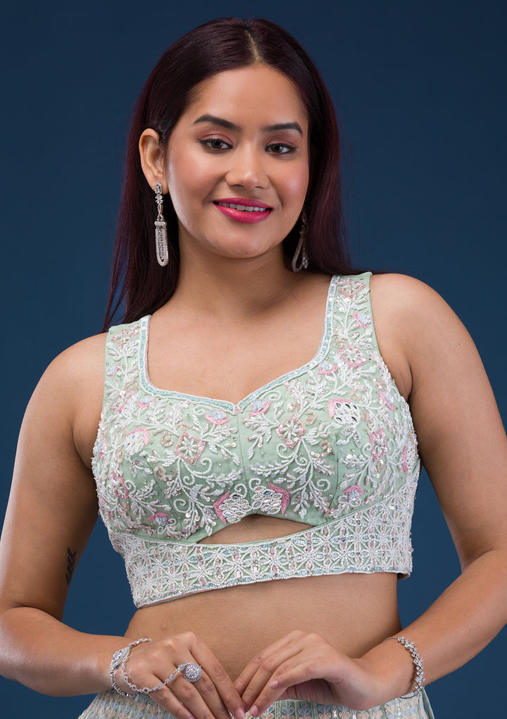 Sea Green Threadwork Net Readymade Lehenga