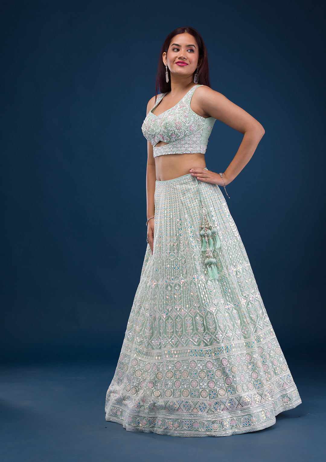 Sea Green Threadwork Net Readymade Lehenga