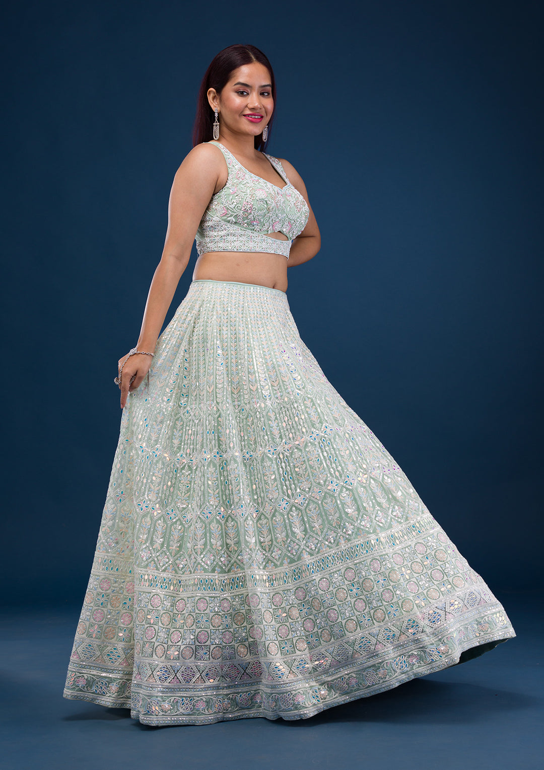 Sea Green Threadwork Net Readymade Lehenga