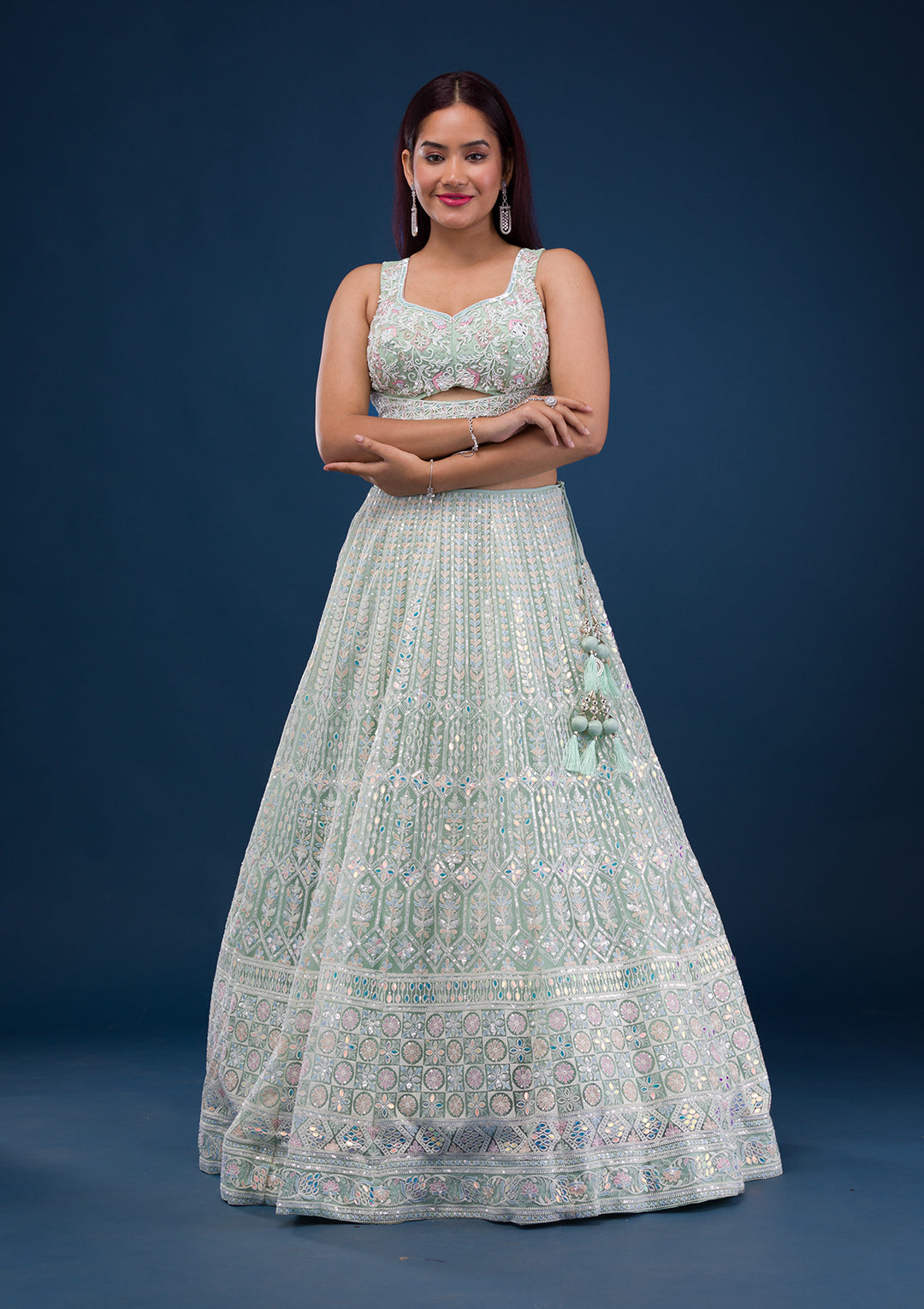 Sea Green Threadwork Net Readymade Lehenga