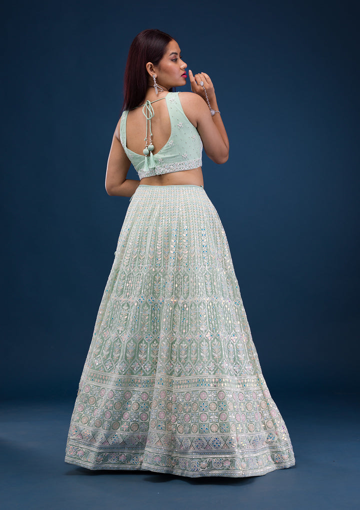 Sea Green Threadwork Net Readymade Lehenga