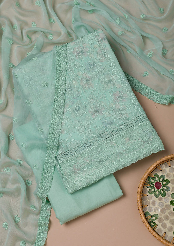 Sea Green Threadwork Organza Unstitched Salwar Suit